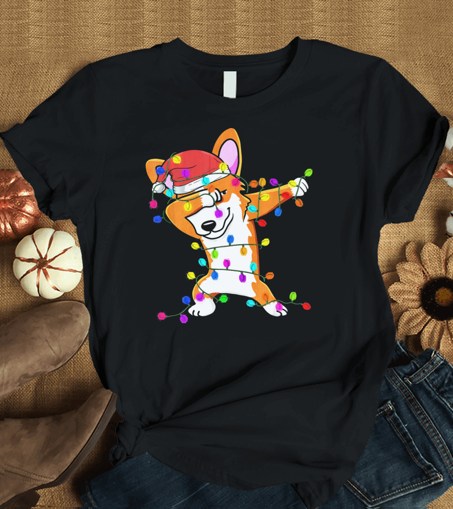 Dabbing Corgi Wrapped in Colorful Christmas Lights with Santa Hat T-Shirt