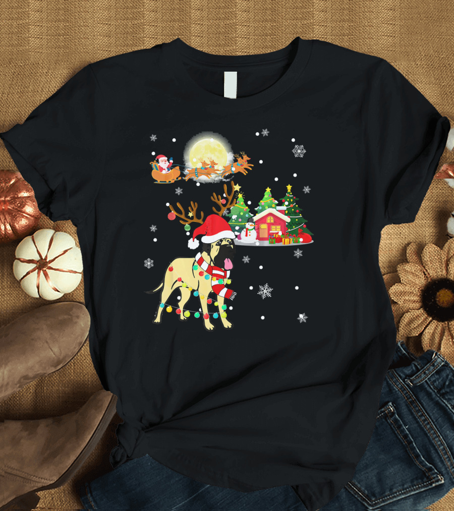 Bullmastiff in Christmas Wonderland with Santa, Reindeer, and Festive Trees T-Shirt