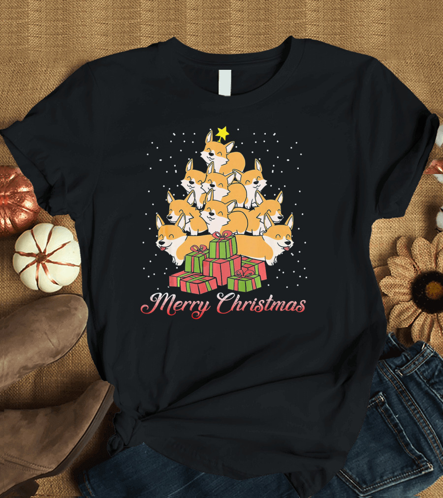 Merry Christmas Corgi Xmas Tree with Presents Dog T-Shirt