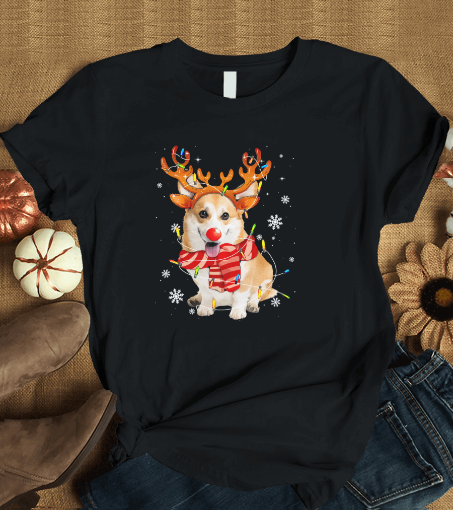 Corgi Dog Christmas Reindeer Snowflakes Lights T-Shirt