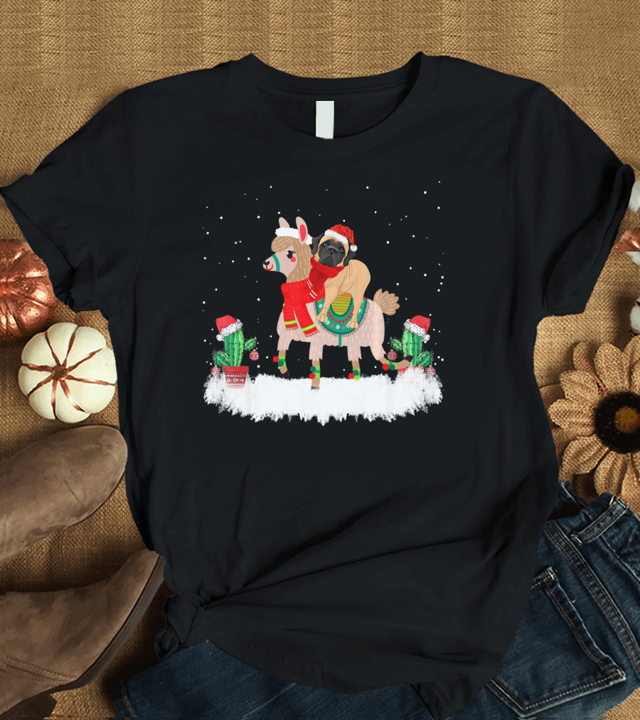 Cute English Mastiff Riding Llama Christmas Scene T-Shirt