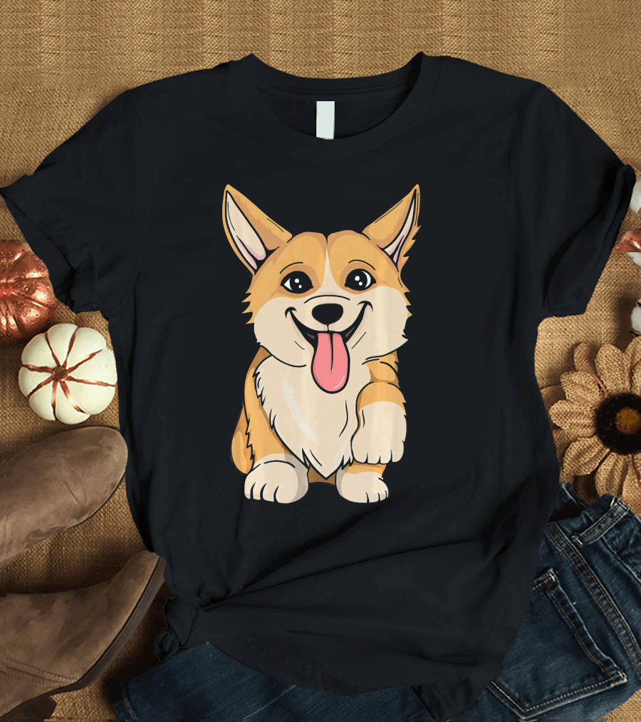 Corgi Adorable Cute Corgis Happy Tongue Out Cartoon T-Shirt