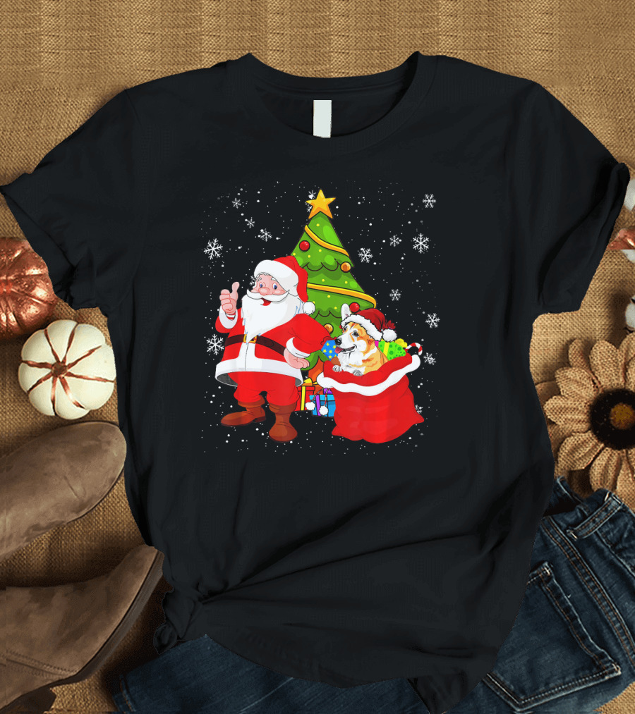 Christmas Santa Claus with Corgi and Gifts in Snowy Wonderland T-Shirt
