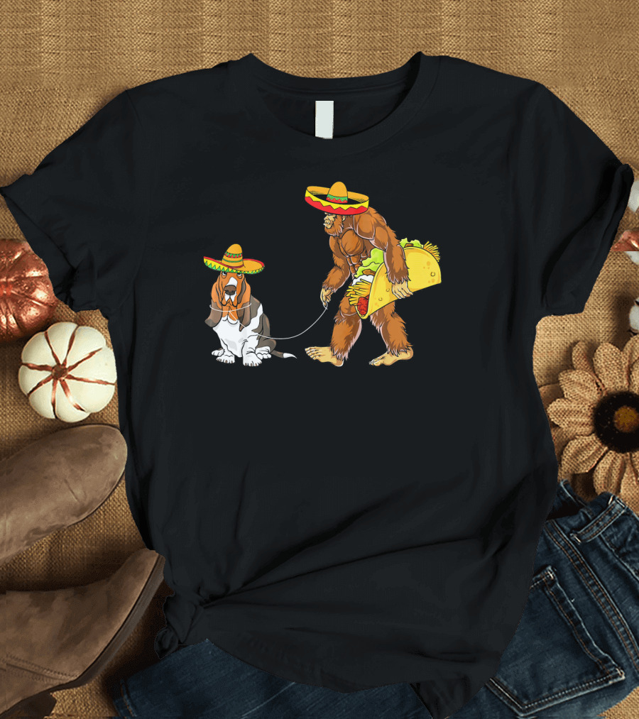Cinco De Mayo Bigfoot Taco Walking Basset Hound with Sombreros T-Shirt