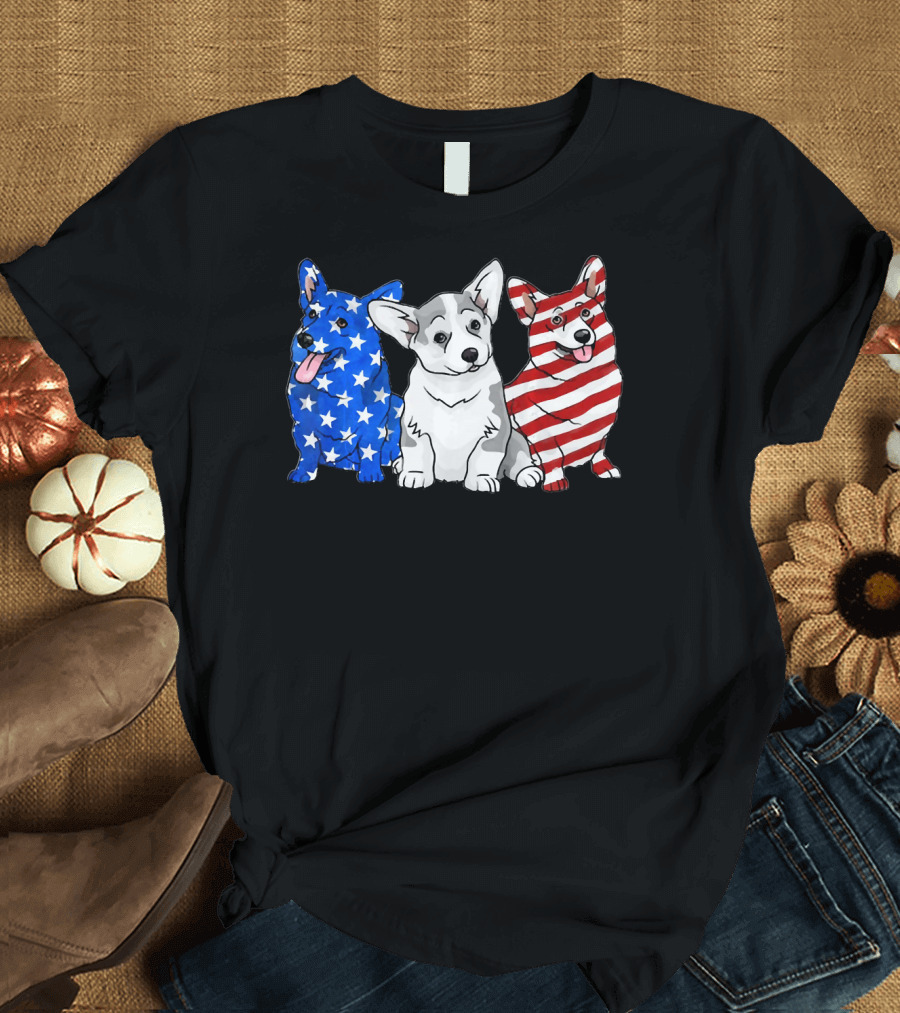 Corgi in American Flag Stars Stripes Independence T-Shirt