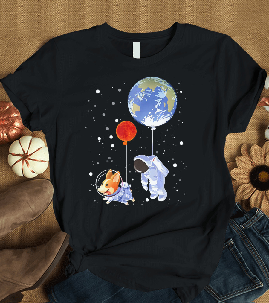 Corgi and Astronaut Floating in Space with Earth and Planets T-Shirt