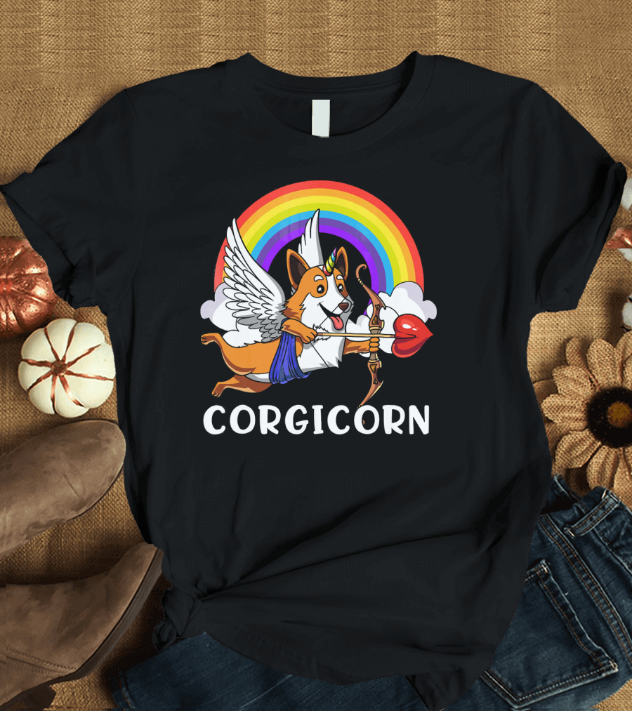 Corgicorn Winged Corgi Dog with Rainbow and Cupid Bow T-Shirt