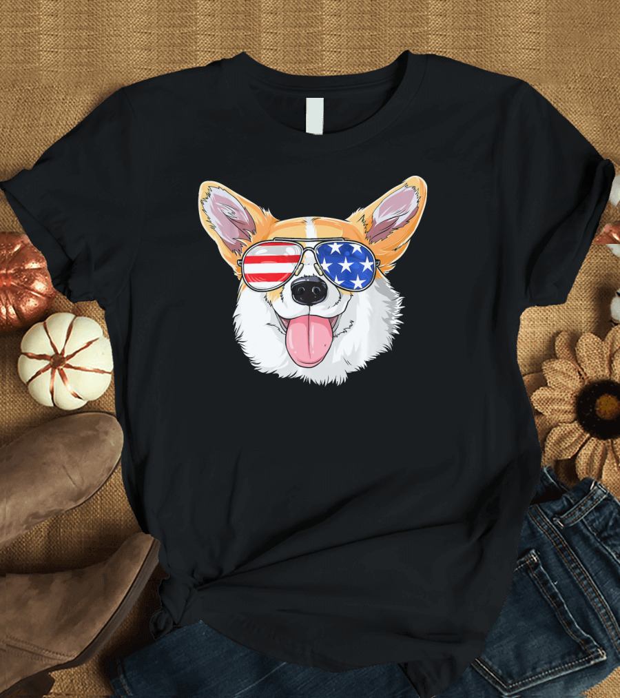 Corgi Wearing American Flag Sunglasses T-Shirt