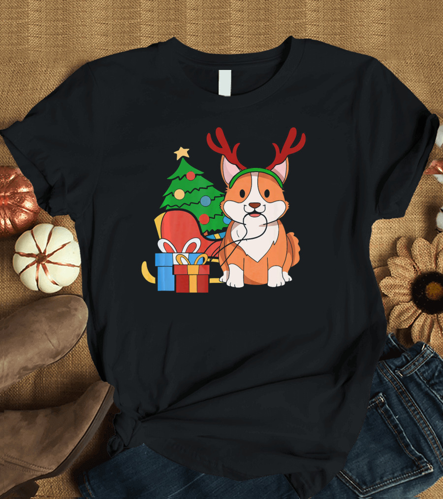 Corgi Dog Santa Reindeer Christmas Tree and Gifts T-Shirt