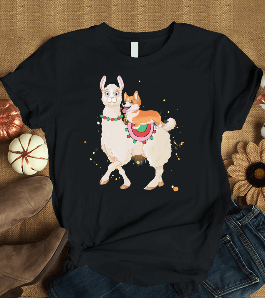 Corgi Riding On Llama Funny Animal Adventure T-Shirt