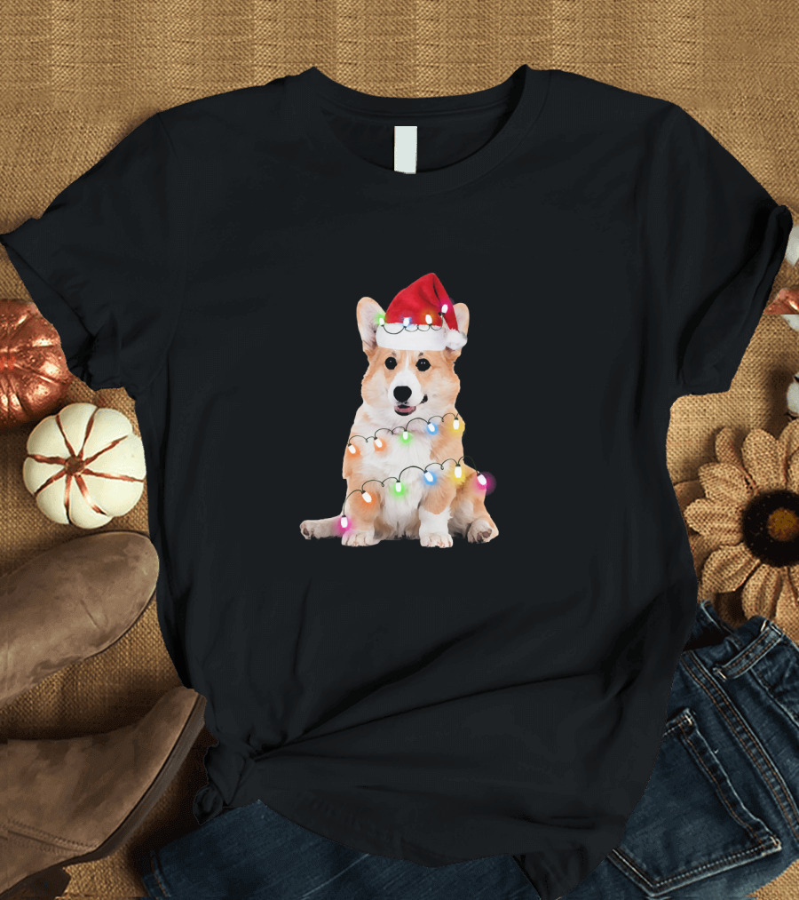 Corgi in Santa Hat with Colorful Christmas Lights T-Shirt