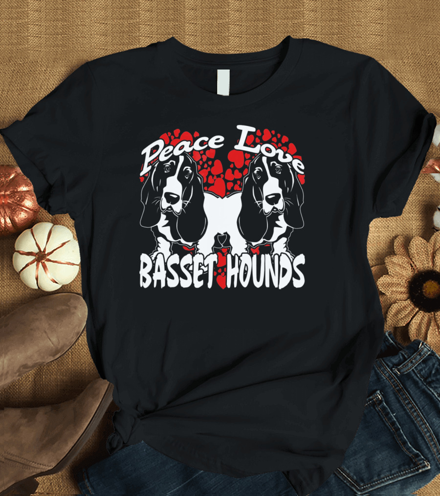 Peace Love Basset Hounds Heart Background T-Shirt