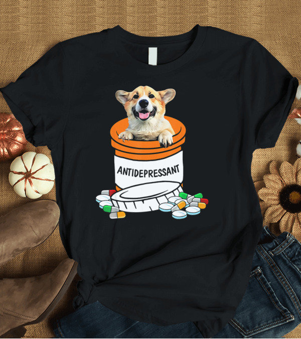 T-Shirt: Corgi in Prescription Bottle Antidepressant Capsule Delight T-Shirt Corgi in Prescription Bottle Antidepressant Capsule Delight T-Shirt