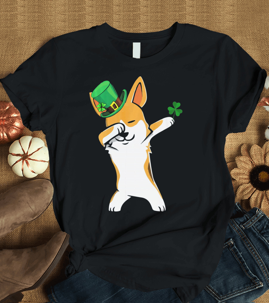Dabbing Corgi Leprechaun Shamrock St Patrick's Day T-Shirt