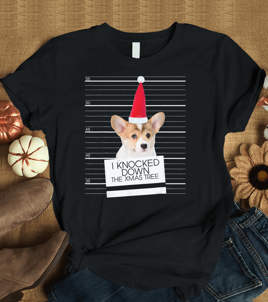 Corgi Dog Christmas Mugshot I Knocked Down The Xmas Tree T-Shirt