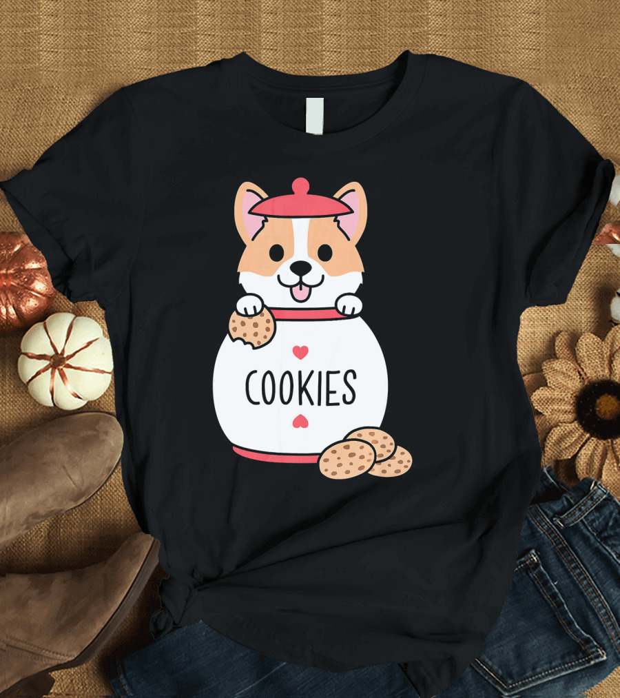 Playful Corgi in Cookies Jar with Hearts and Treats T-Shirt