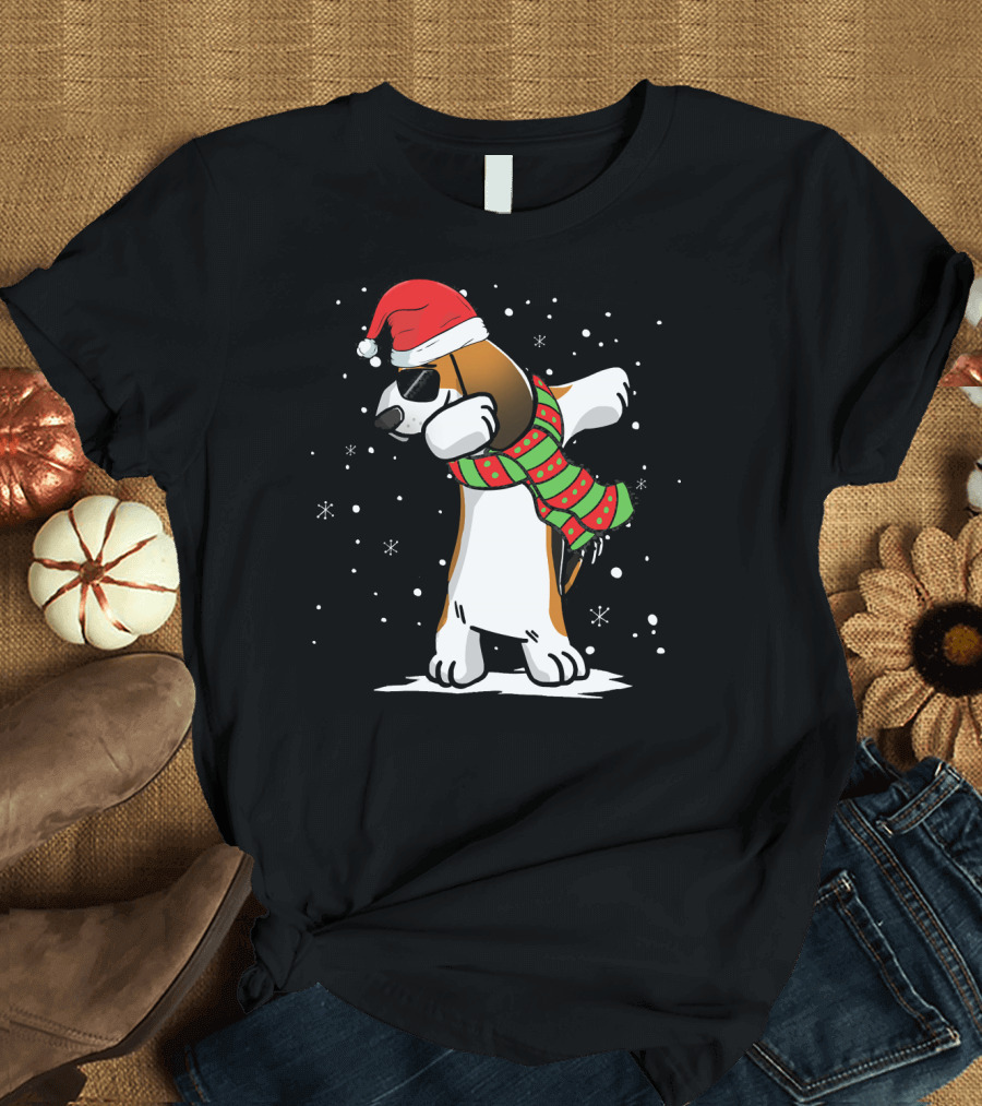 Dabbing Basset Hound Santa Hat Christmas Scarf Snowflakes T-Shirt
