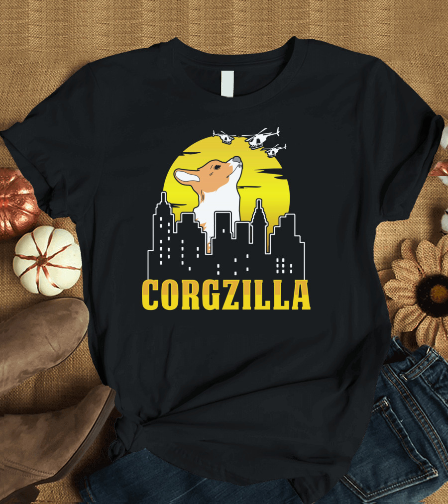 Corgzilla Funny Dog Corgi Cityscape Helicopters Yellow Sky T-Shirt