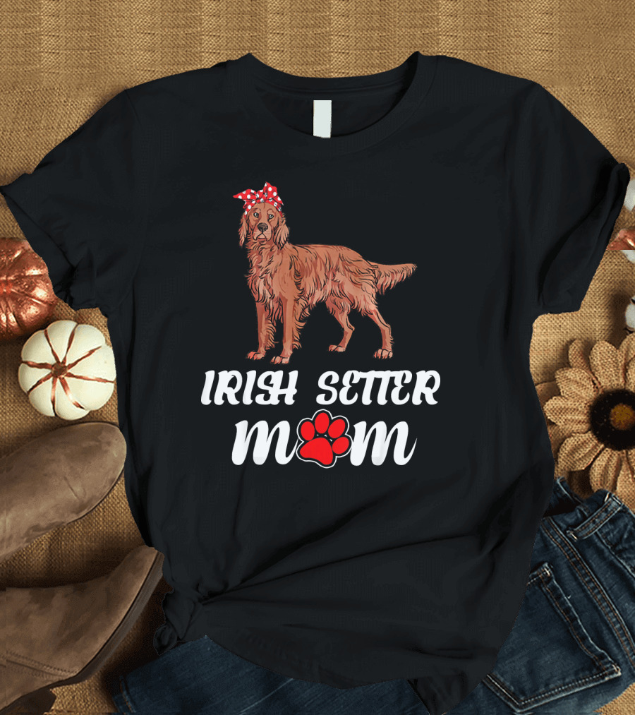 Irish Setter Dog Mom with Red Bandana and Paw Prints T-Shirt