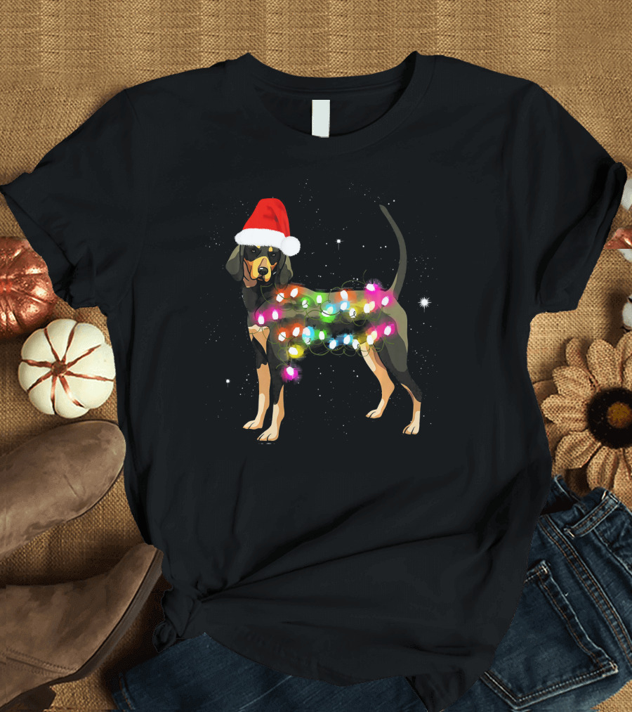 Christmas Lights Bluetick Coonhound Santa Hat T-Shirt