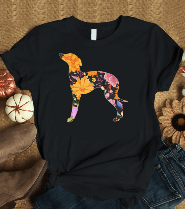 T-Shirt: Floral Flower Vintage Retro Italian Greyhound Silhouette with Colorful Bloom T-Shirt Floral Flower Vintage Retro Italian Greyhound Silhouette with Colorful Bloom T-Shirt