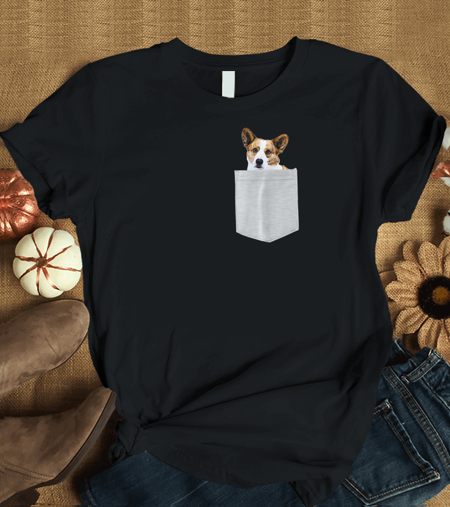 Cardigan Welsh Corgi Dog Peeking from Pocket T-Shirt