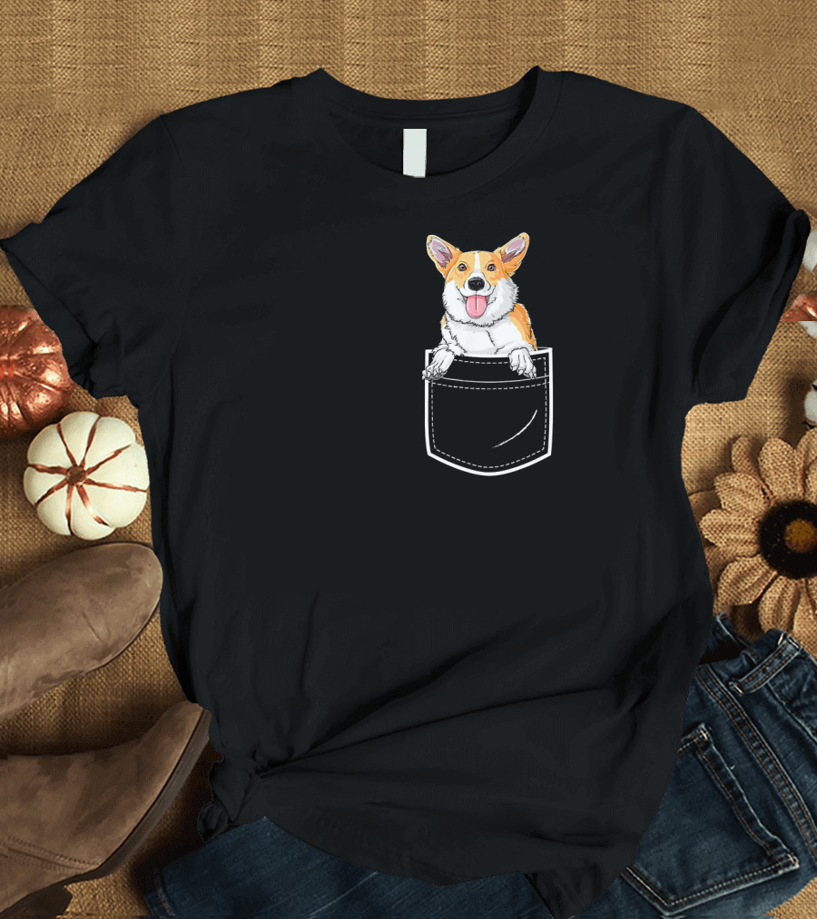 Corgi Pops Out Playfully from Front Pocket T-Shirt