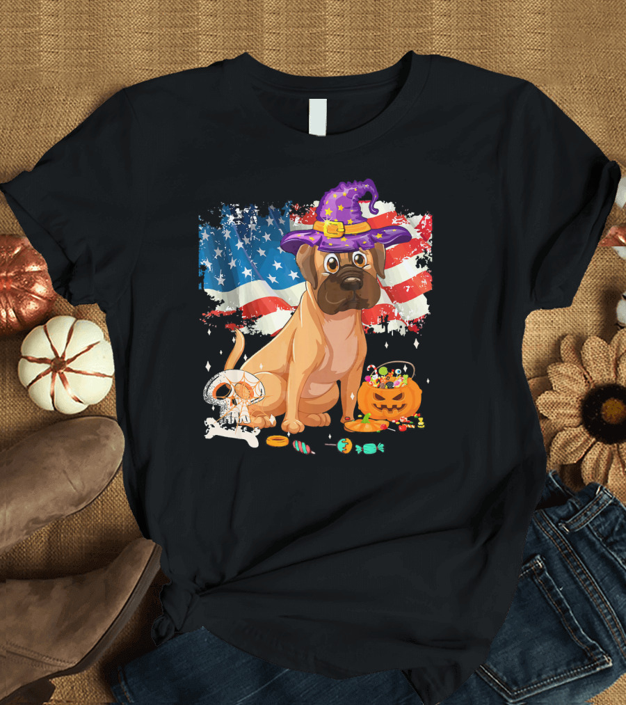 Funny English Mastiff Dog with Witch Hat and Halloween Candy on American Flag T-Shirt