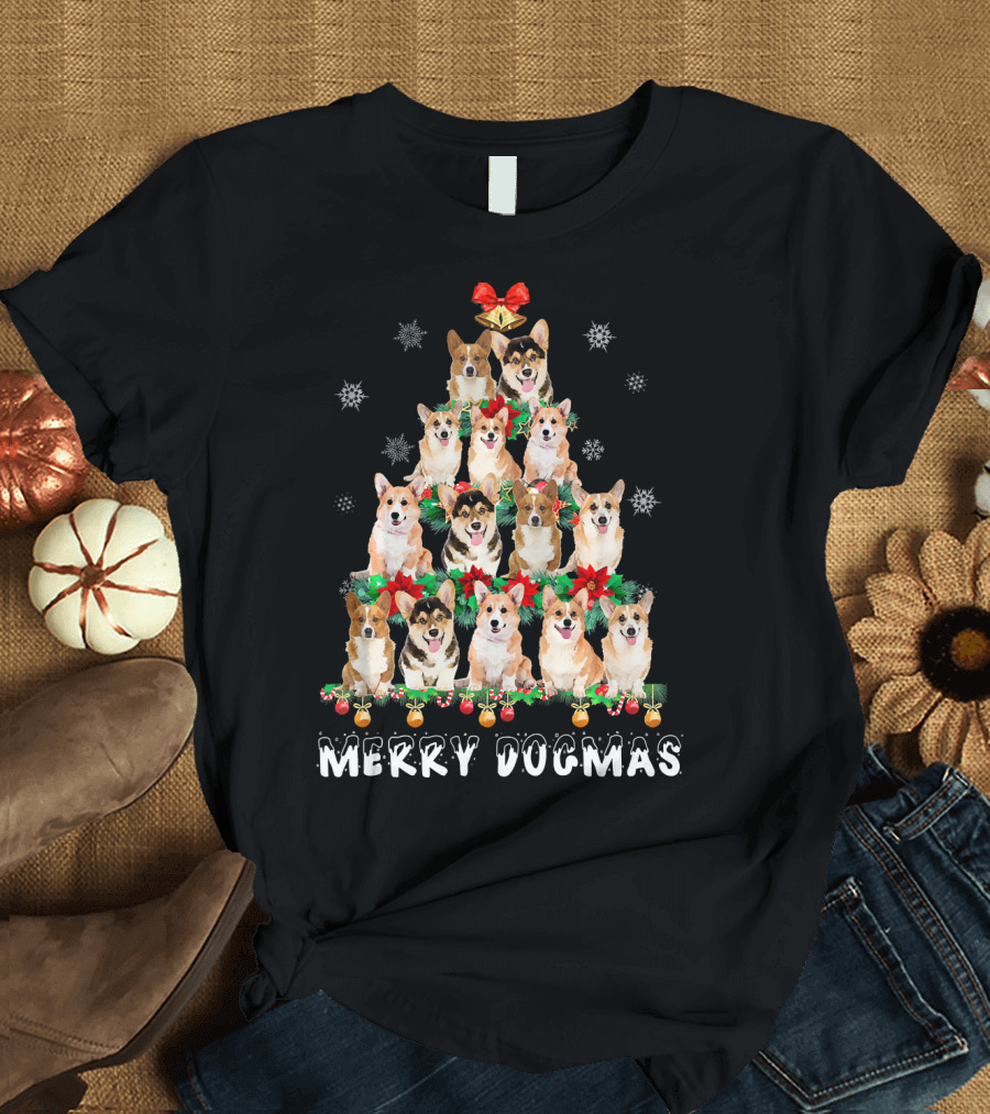 Merry Dogmas Corgi Christmas Tree Decor with Snowflakes and Holiday Ornaments T-Shirt