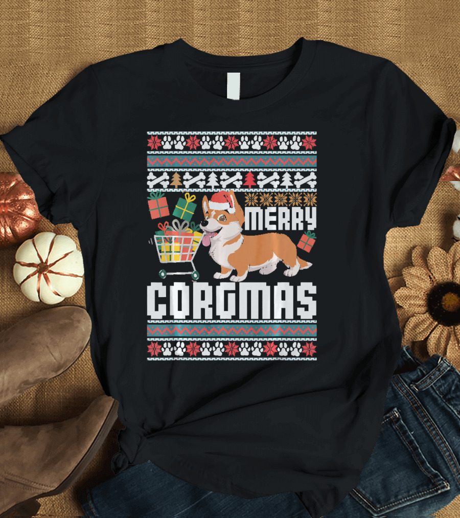 Merry Corgmas Funny Christmas Pembroke with Santa Corgi and Gifts T-Shirt