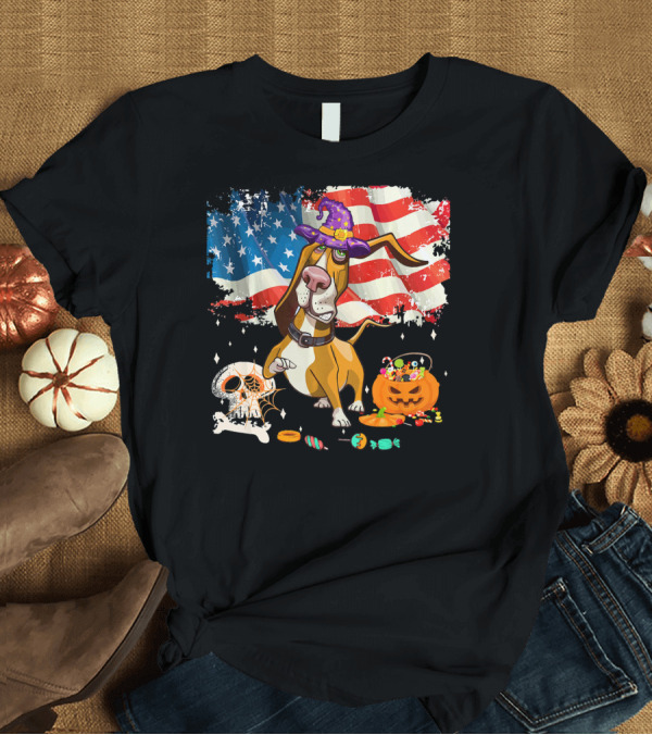 T-Shirt: Halloween Basset Hound with Witch Hat and Candy in Front of American Flag T-Shirt Halloween Basset Hound with Witch Hat and Candy in Front of American Flag T-Shirt