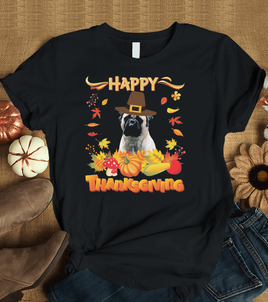 Thanksgiving Bullmastiff in Pilgrim Hat with Autumn Leaves and Harvest Elements T-Shirt