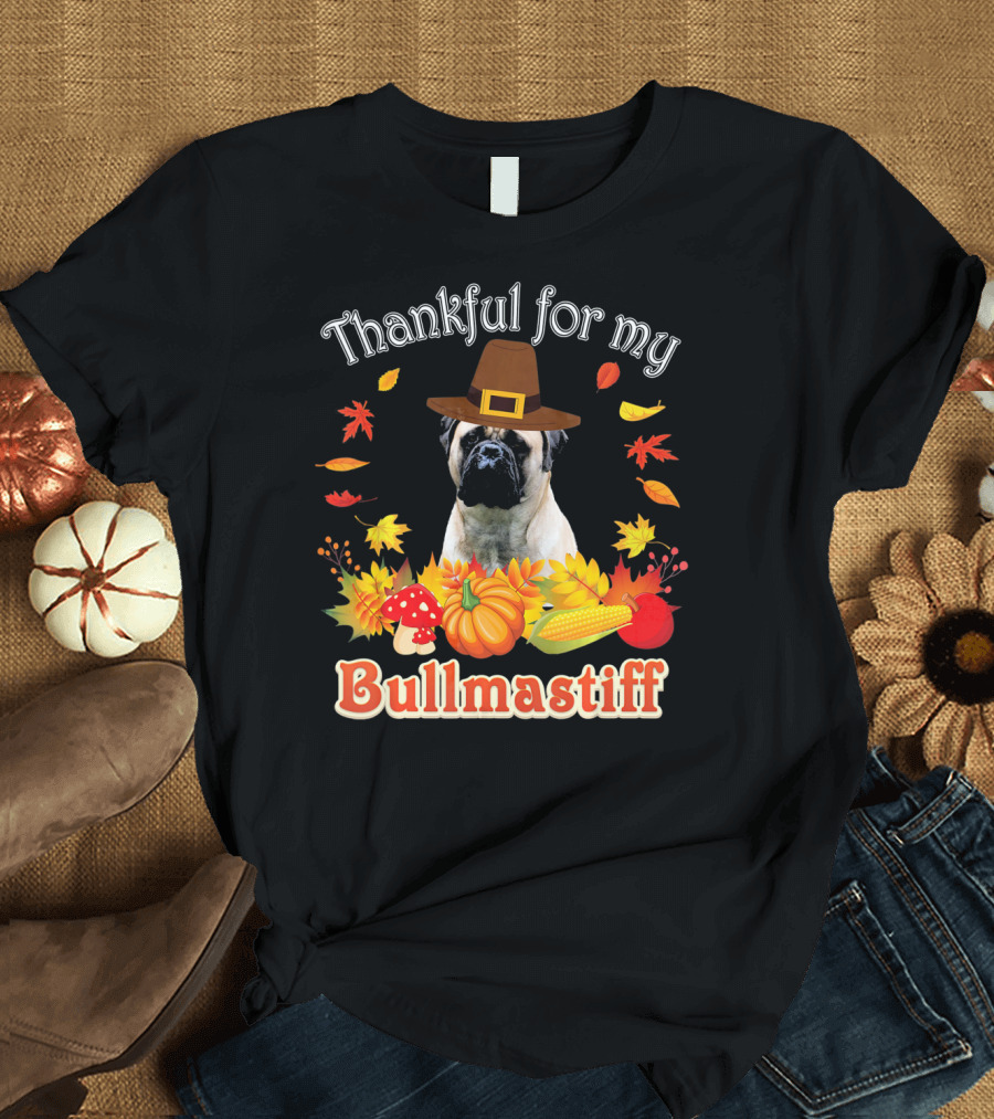 Thankful for My Bullmastiff Thanksgiving Autumn Leaves Harvest Hat T-Shirt