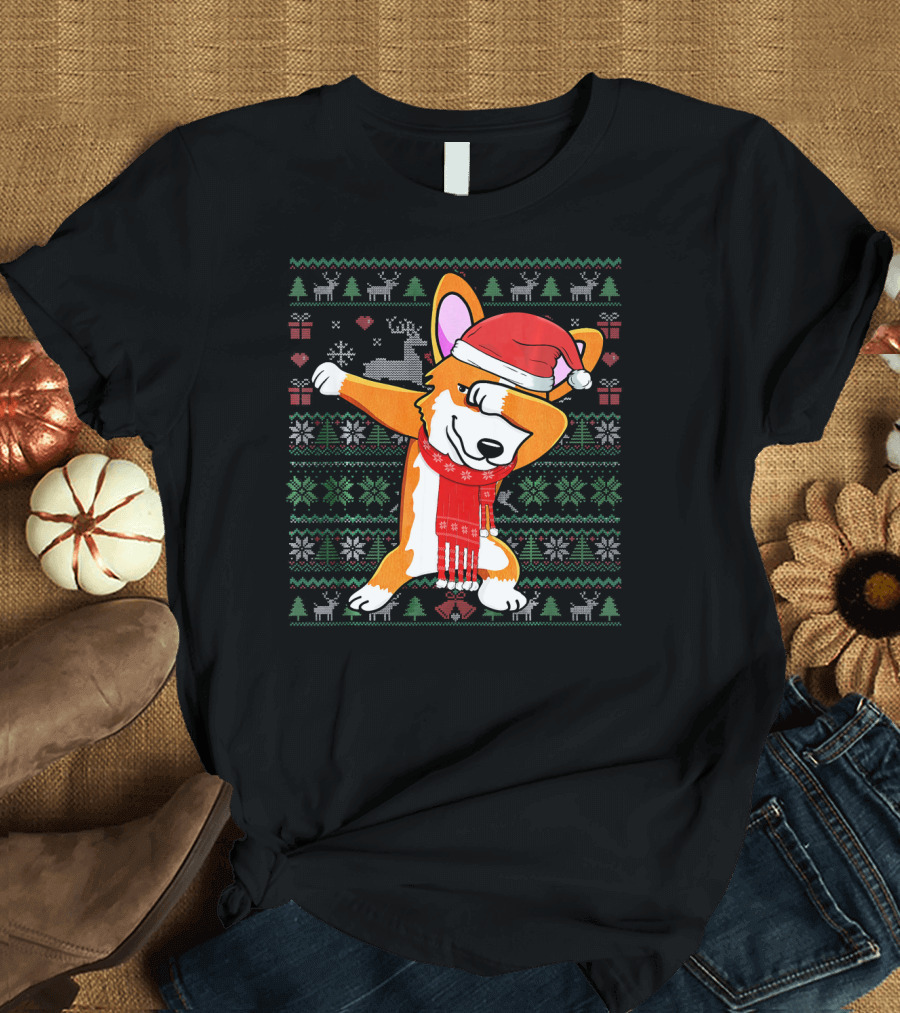 Funny Dabbing Corgi Santa Hat Ugly Xmas T-Shirt