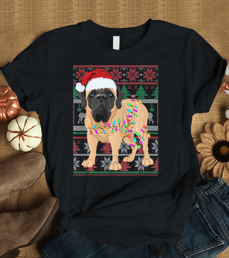 English Mastiff Christmas Lights Sweater Santa Hat T-Shirt