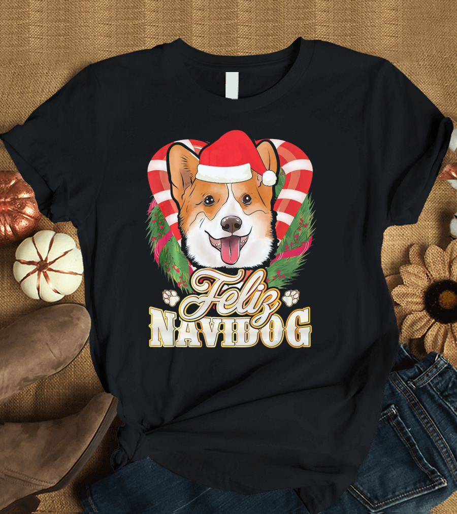 Feliz Navidog Corgi Santa Claus Hat Candy Cane Wreath T-Shirt