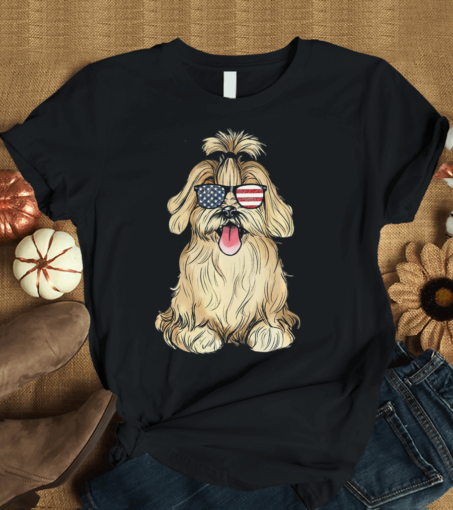 Havanese Dog with American Flag Sunglasses T-Shirt