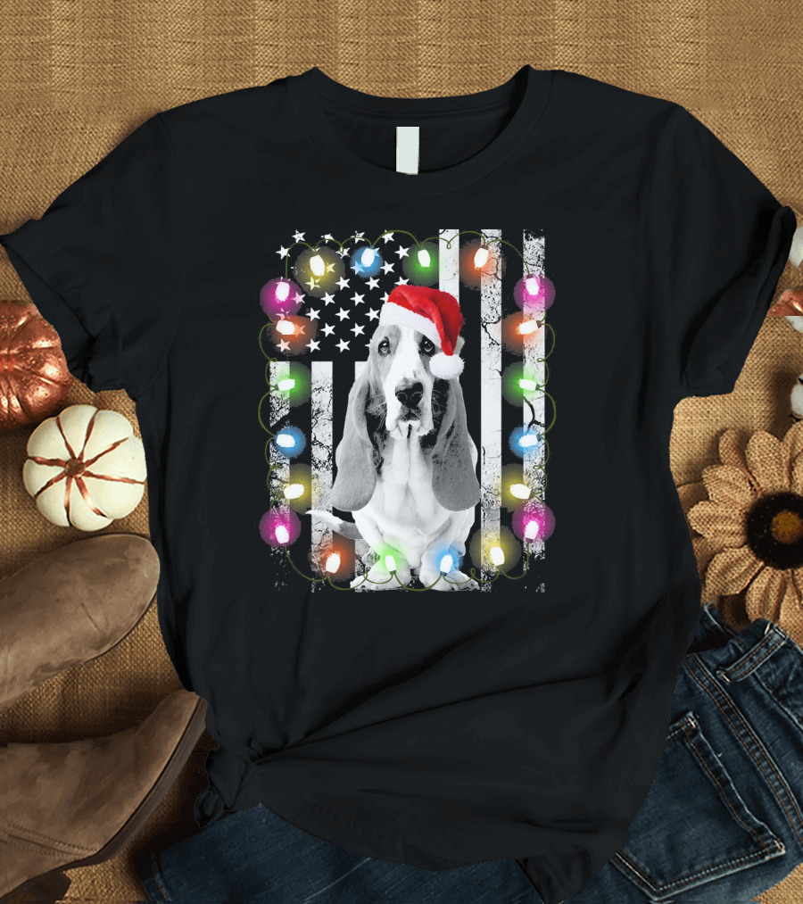 Merry Christmas Basset Hound with Santa Hat and Festive Lights T-Shirt