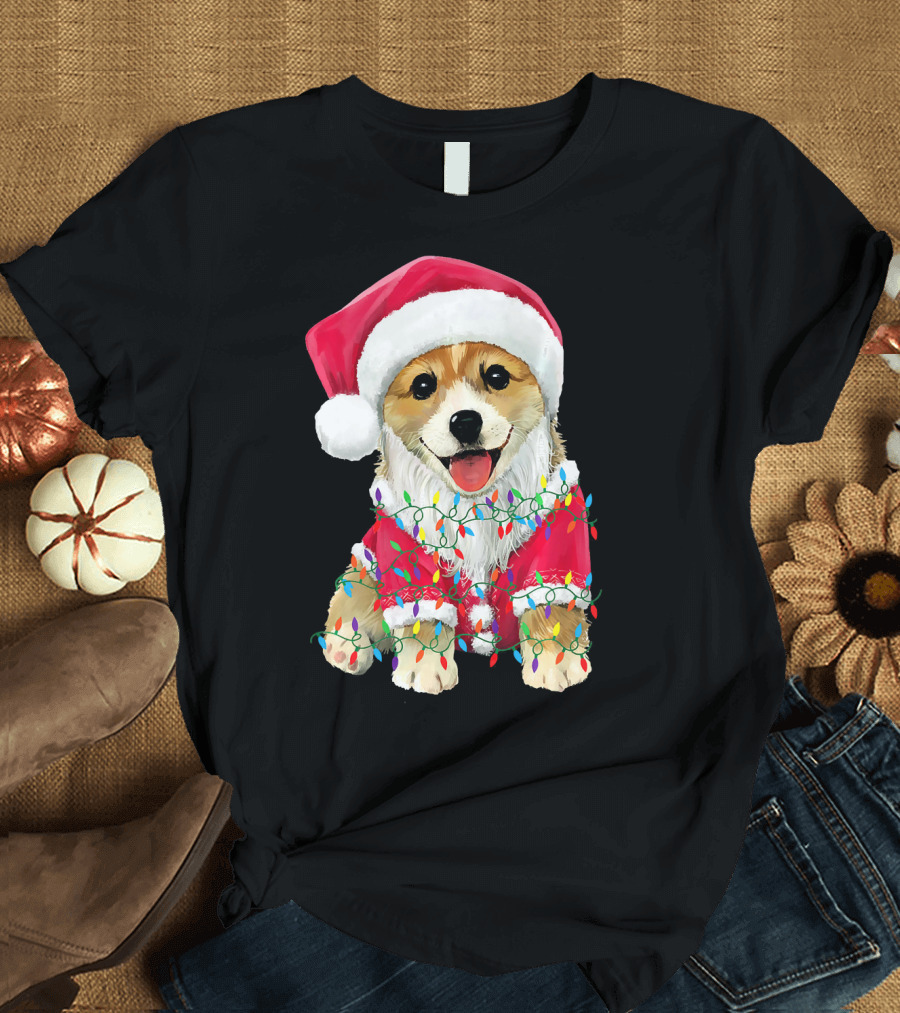 Corgi in Santa Hat with Christmas Lights T-Shirt