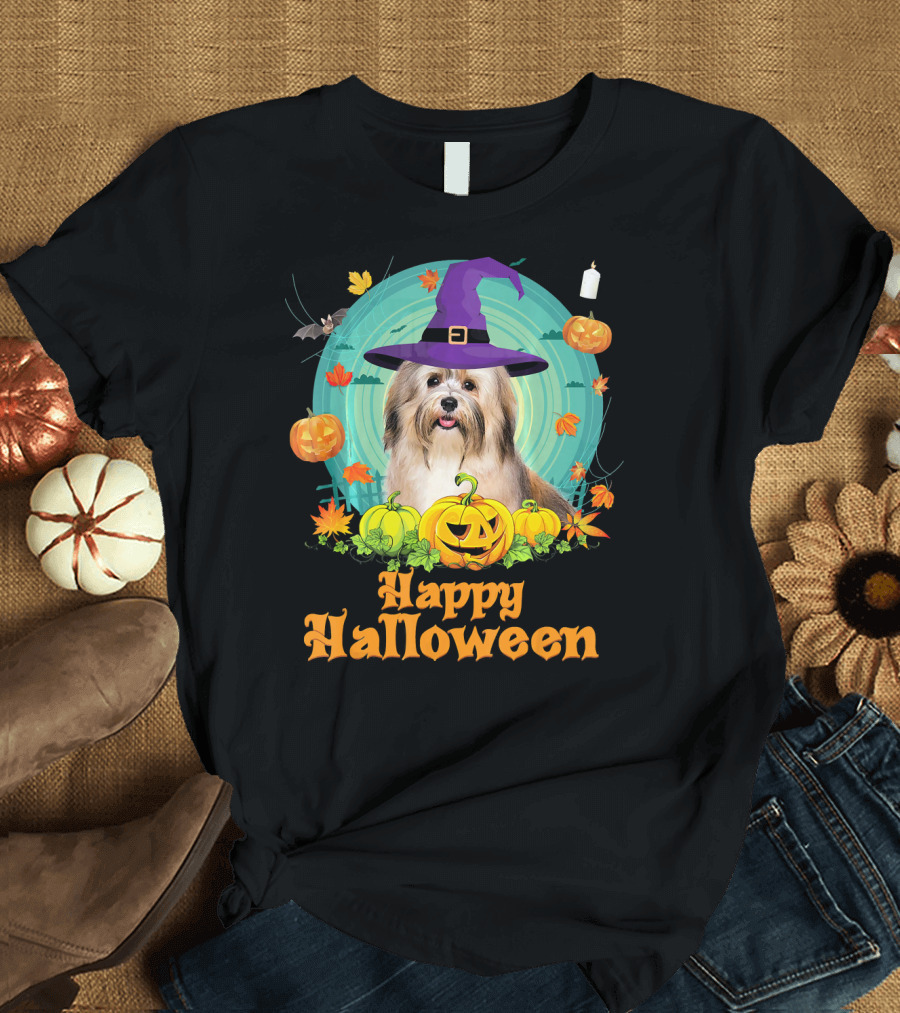 Happy Halloween Havanese Dog Witch Pumpkin Hat Candles T-Shirt