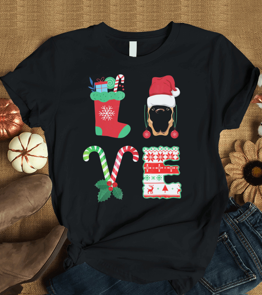 L-O-V-E with Christmas English Mastiff Santa Hat and Stocking Candy Canes T-Shirt