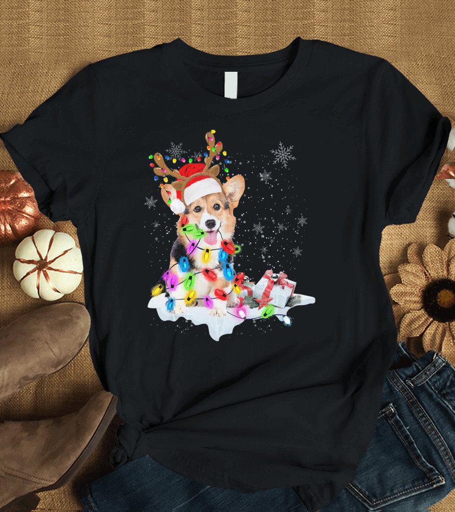 Funny Corgi Dog Christmas Reindeer Festive Holiday Lights Snowflakes T-Shirt