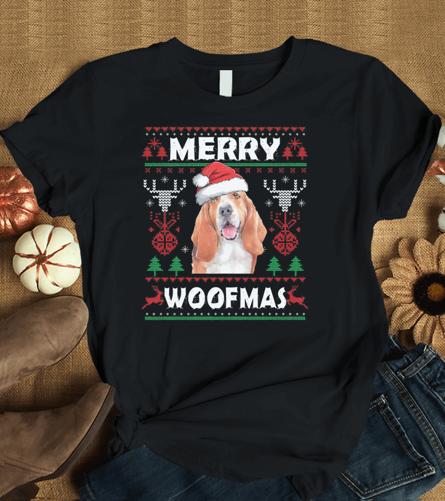 Merry Woofmas Basset Hound Santa Hat Christmas Reindeer T-Shirt