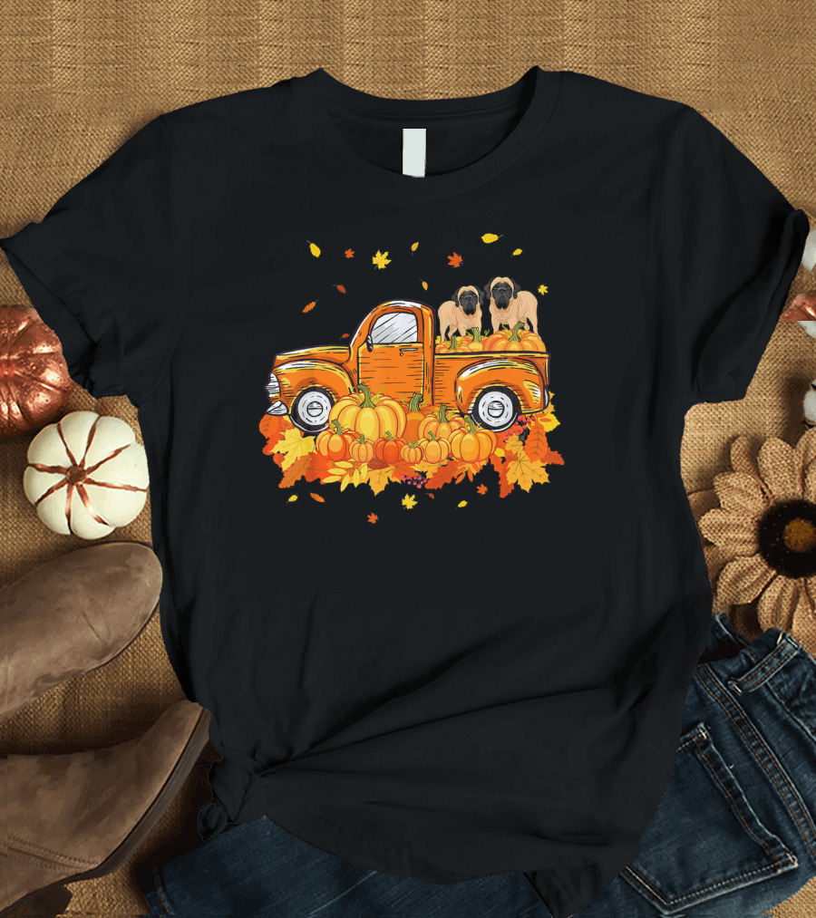 English Mastiff Fall Pumpkin Truck with Autumn Leaves T-Shirt