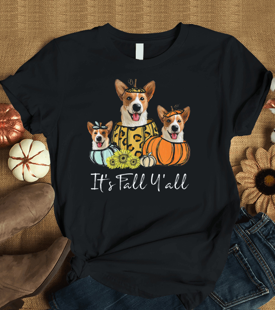 It's Fall Y'all Corgi Dogs with Pumpkins and Sunflowers Thanksgiving Day T-Shirt