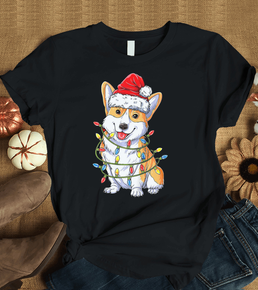Funny Corgi Christmas Reindeer Santa Hat Lights T-Shirt