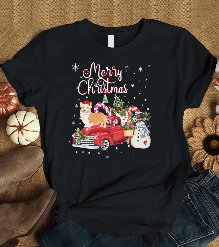 Merry Christmas Corgi on Red Truck with Snowman and Candy Canes T-Shirt