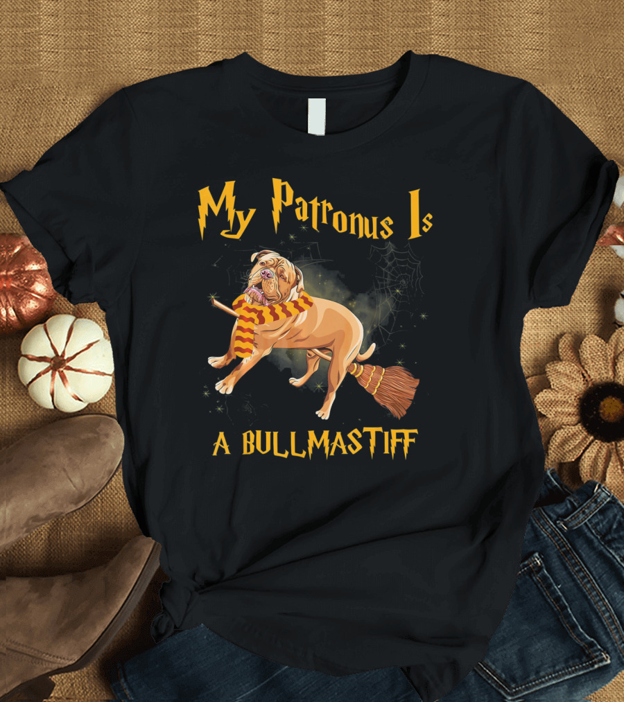 My Patronus Is A Bullmastiff Broomstick Dog with Wizard Scarf T-Shirt