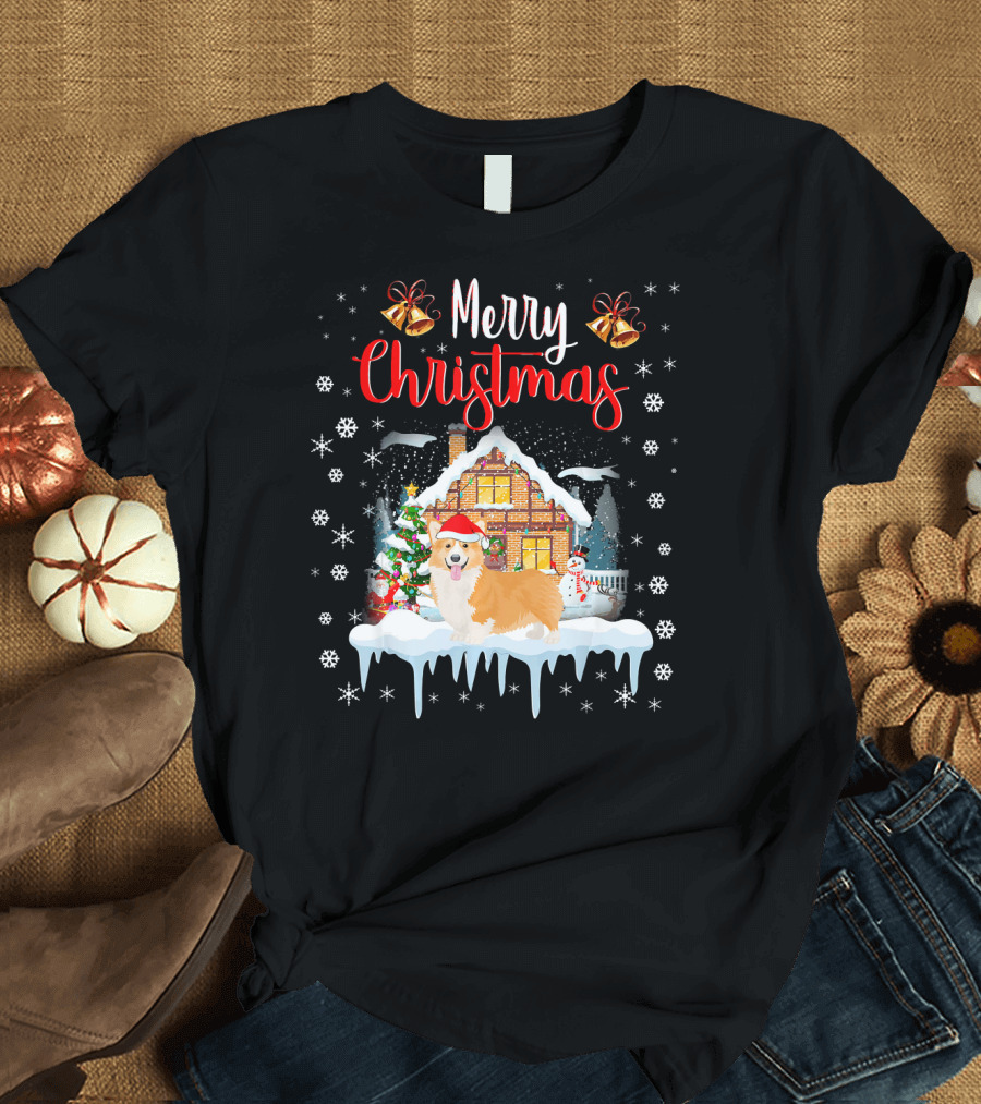 Funny Corgi Santa Hat Merry Christmas Snowy House Scene T-Shirt