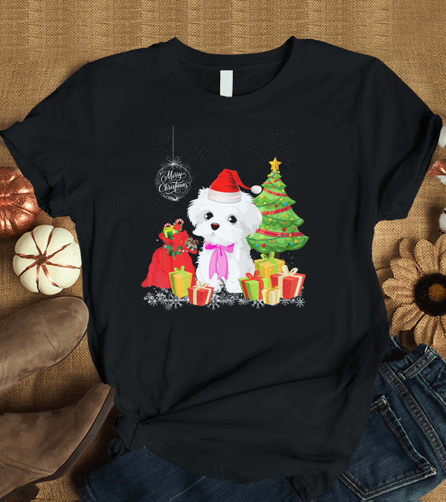 Havanese With Merry Christmas Boxes and Santa Hat by Christmas Tree T-Shirt